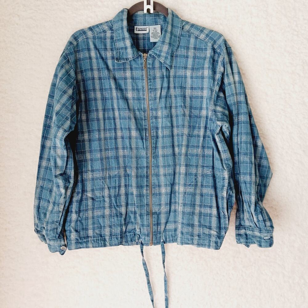Jacket Zipper Women Capacity Silver Metallic Blue Plaid Front Tie Pockets Size S